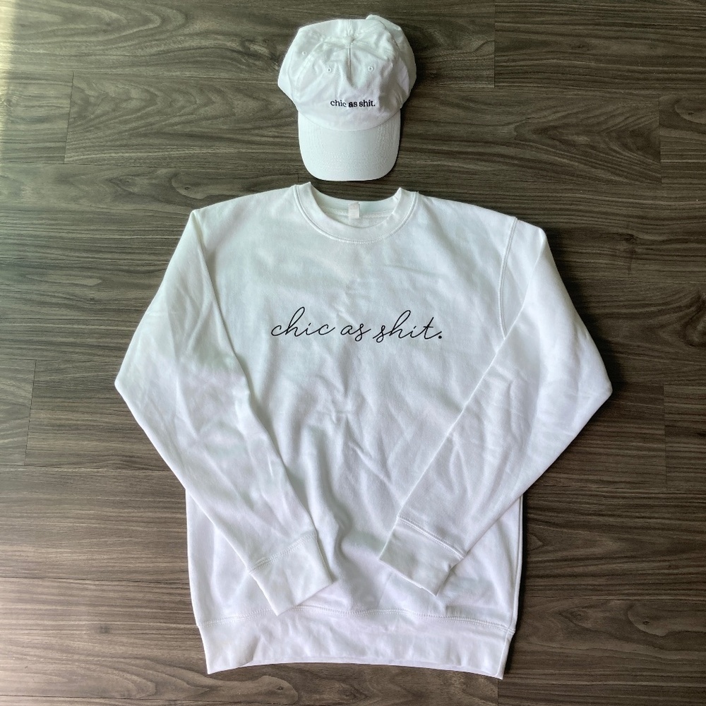 Womens Matching Chic As Sh*t White Crewneck Sweatshirt & Hat Set
